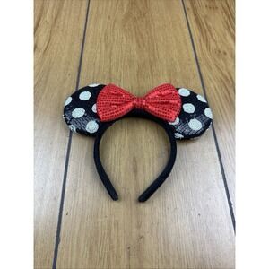 Disney Parks Minnie Mouse Classic Red Polka Dot Bow Black‎ Ears Sequin Headband